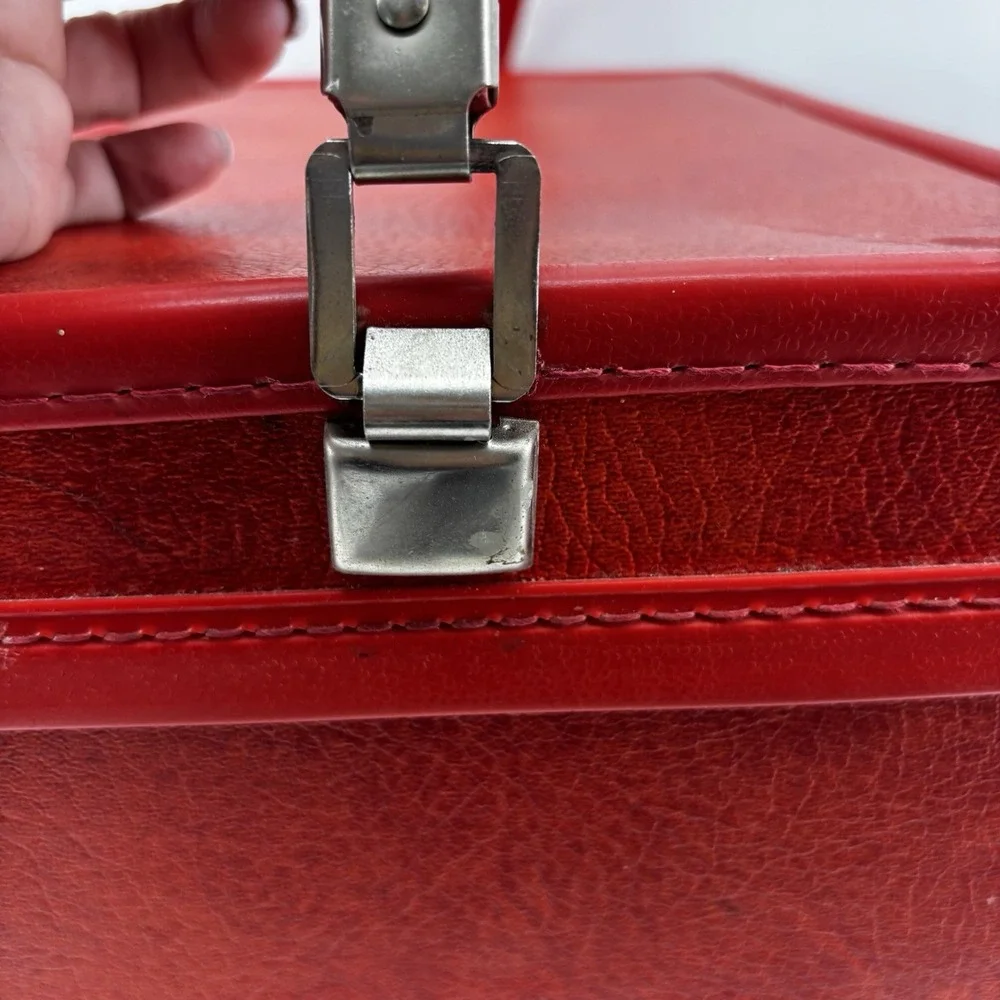 Red Orange Train Vanity Case Vintage Luggage Sesame Lined Snap Closing